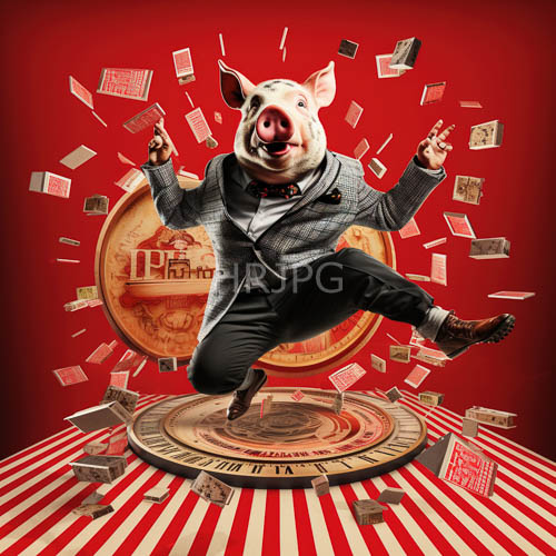 large gold coins and floating playing cards surround checkered suits