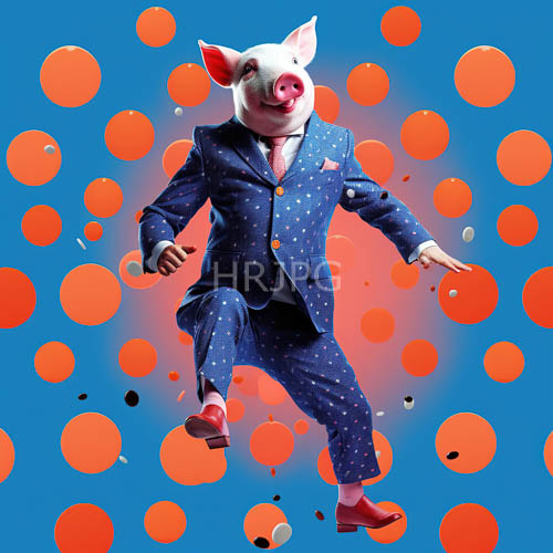 polka dotted suit fabric and red shoes contrast against orange blue swirls