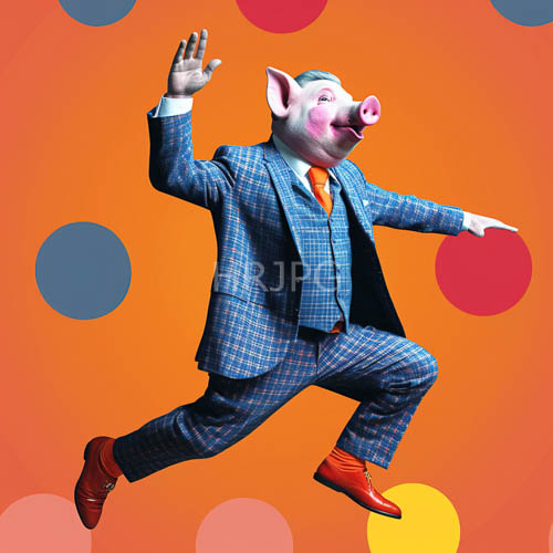 pink pig leaps through orange polkadot background with confident plaid suit