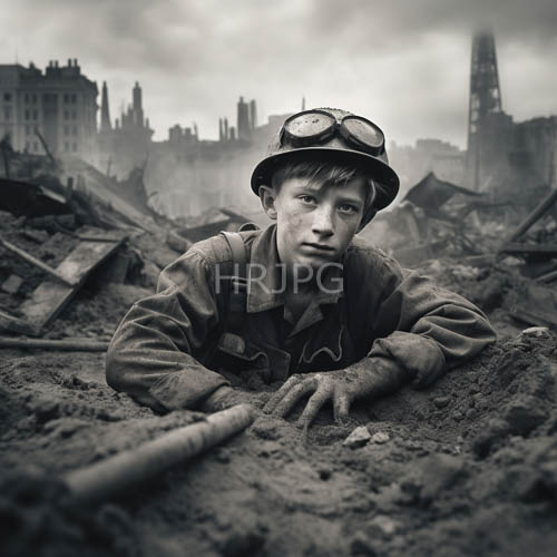 battleweary soldier stands resolute amidst ruins of wartorn cityscape under heavy overcast sky