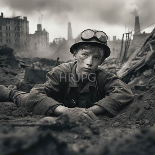city ruins and muddy trenches frame youthful soldiers determined gaze under overcast sky