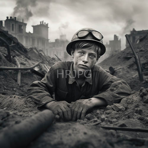 wwi soldier in muddy trench amidst city skeletons under heavy skies