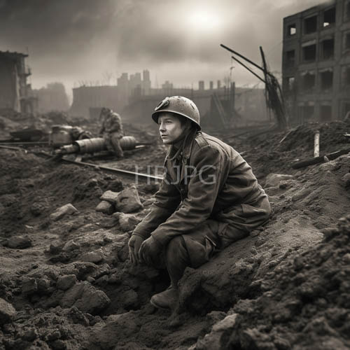 world war ii soldier amid ruins and rocky terrain in a cloudy cityscape
