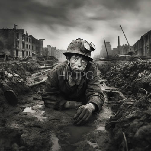 world war i soldier trapped in muddy trench ruin of ruined buildings