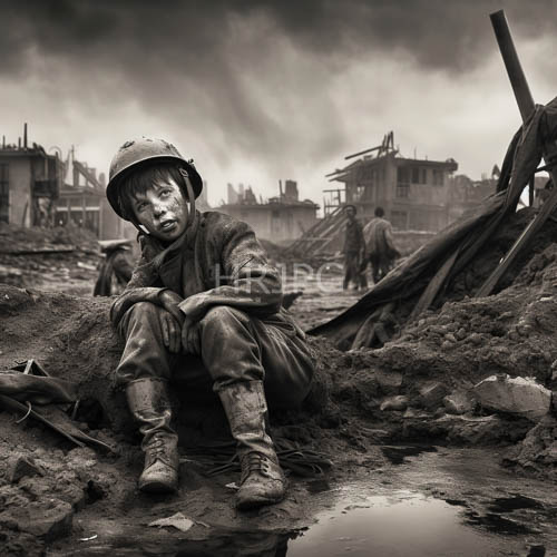 world war i soldier amidst ruined landscape and cloudy sky