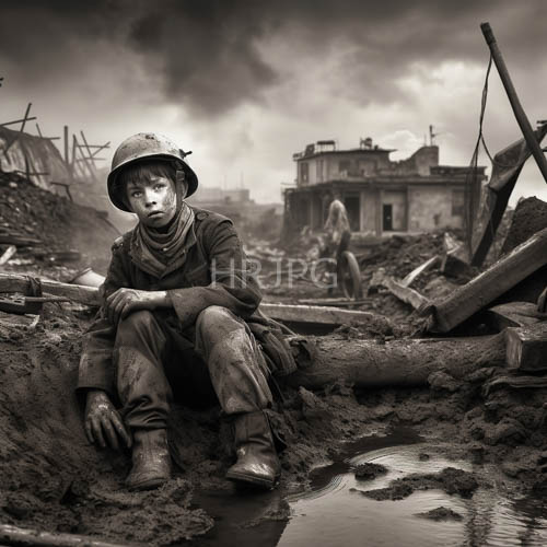 muddy soldiers in trenches of world war i amidst wartorn ruins under cloudy skies