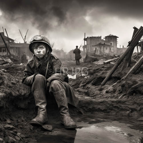 mudstreaked soldiers sit in trenches during wartime amidst ruin and devastation