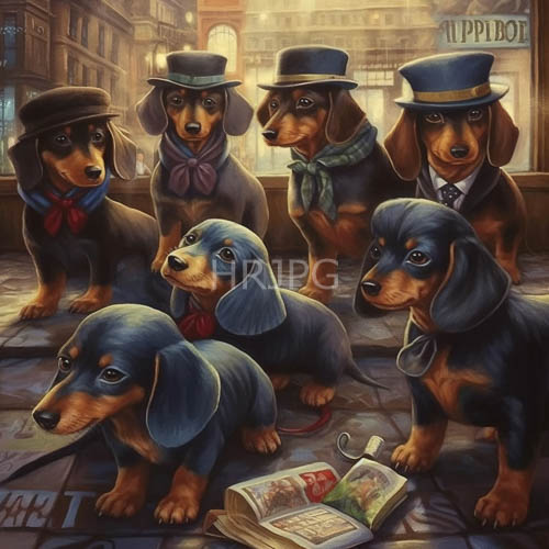 High Resolution: Six dachshund puppies in vintagestyle hats and scarves pose in a whimsical miniature world of canine fashion download. | HRJPG.com