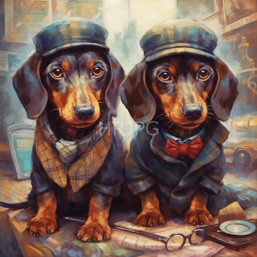dachshunds in vintage attire investigate scholarly cluttered desk