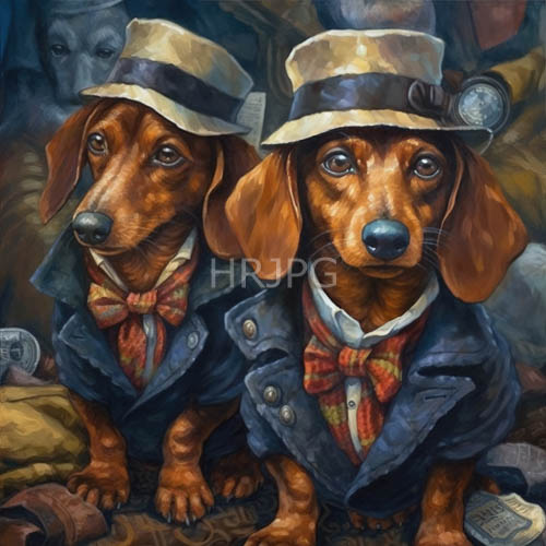 dachshunds in victorian attire in a cozy forgotten study setting under flickering gaslight