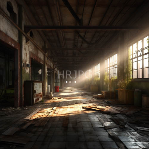 High Resolution: Industrial Warehouse Transformed by Light and Shadows into a Cathedral of Abandoned Machinery download. | HRJPG.com