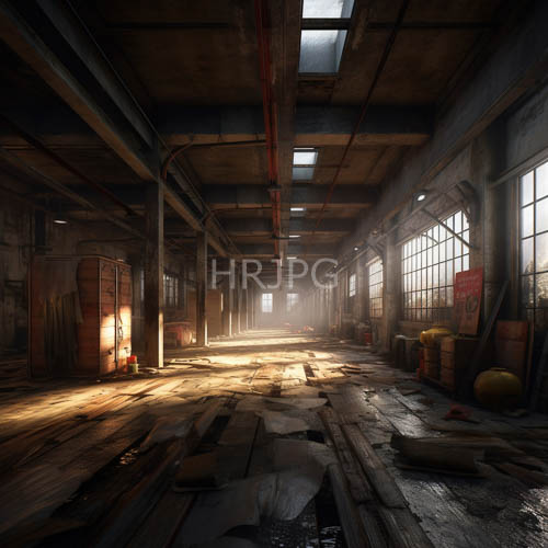 abandoned industrial warehouse with exposed red pipes and dusty concrete floor