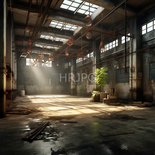 rusted pipes frame abandoned industrial warehouse with vibrant green plant growth