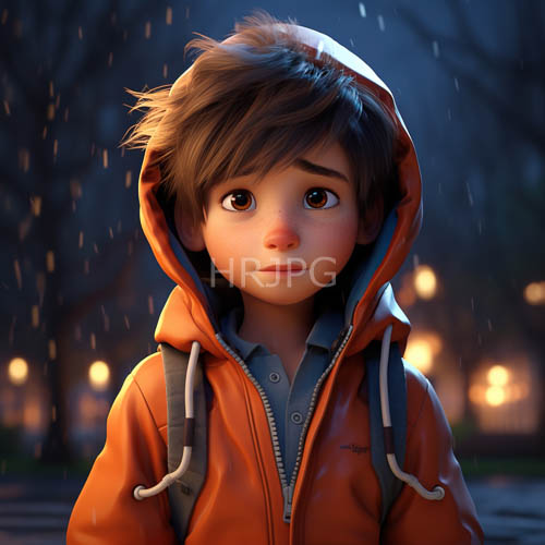 childhood wonder unfolds in rainy nighttime park with orange hoodie