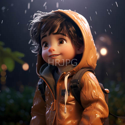 rainy nighttime journey of a curious young adventurer in shimmering orange coat