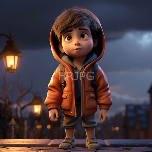 cobblestone path meets skyward gaze of a young boy with tousled brown hair and orange hooded jacket