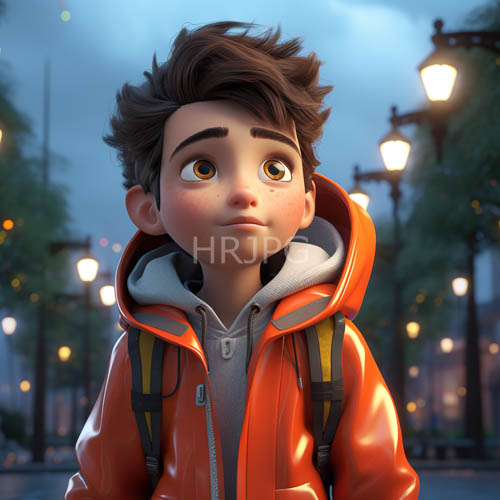 youthful light illuminates a boys face in a blurred evening park with street lamps