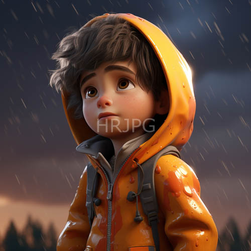 rainy dusk of young boy in shiny orange raincoat under blurred trees
