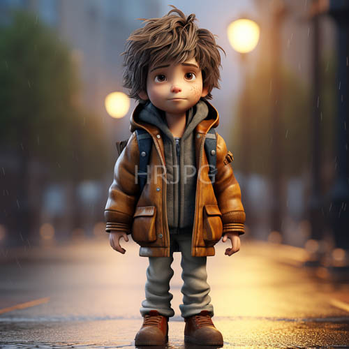rainy city night wet street young boy in tan leather jacket curious eyes