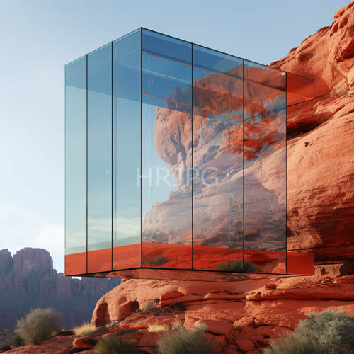 elegant glass cube buildings on red sandstone cliffs in vast desert landscape