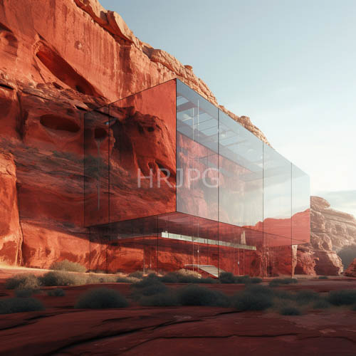 desert cliffside modern building reflects sunset colors amidst arid landscape textures