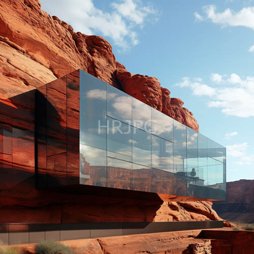 modern desert architecture mirrored in glasswalled building against red rock cliff under cloudstreaked blue sky