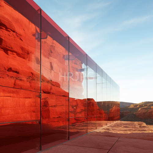 High Resolution: Transparent glass panels frame desert rock formations under expansive clear blue sky download. | HRJPG.com