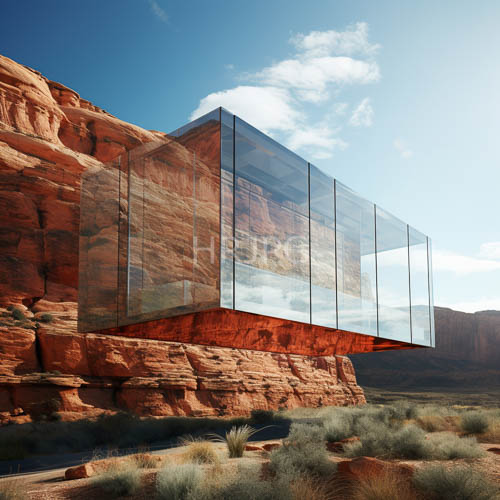 modern glasswalled cube structure against red rock canyon cliffs under clear blue sky