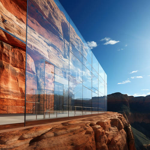 modern glass building mirrors vibrant red orange rocky cliffs in desert landscape