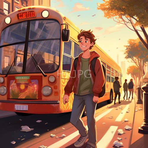 morning commute amongst autumn leaves on a city street with yellow bus
