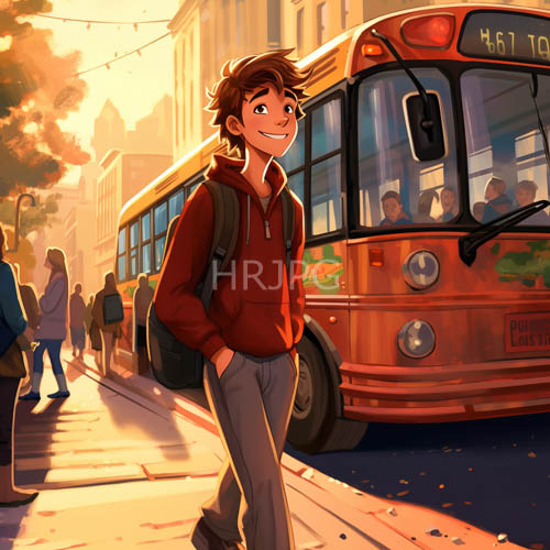 brownhaired commuter amidst city streets beside vintage orange bus under golden sunlight