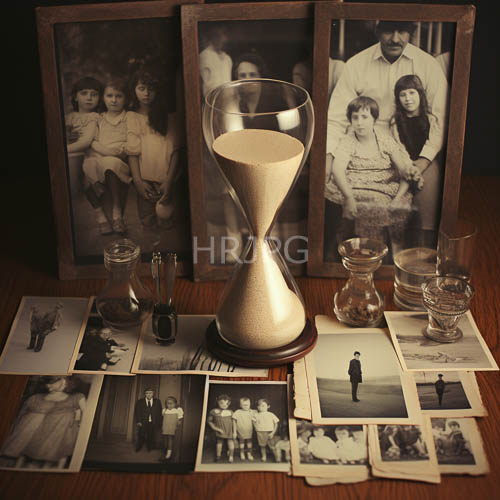 family photographs and hourglasses in vintage frames create a sense of nostalgic ancestral devotion