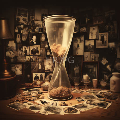 family portraits and vintage treasures on a wooden table in a cozy domestic setting with ambient light