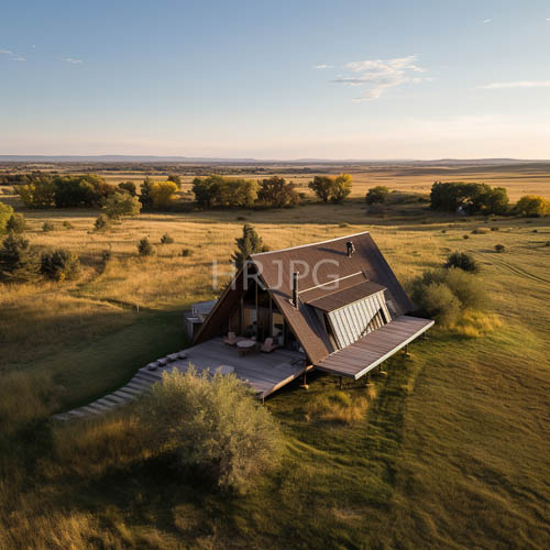 rustic wood aframe cabin standout in sunlit grassy field