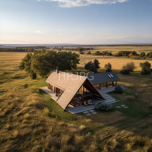 minimalist wooden houses sit amidst expansive grassy fields under sunset skies