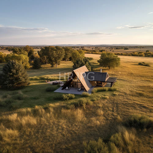 High Resolution: Rustic Wooden AFrame Cabins Stand Amidst Grassy Fields at Sunset with Vast Open Countryside download. | HRJPG.com