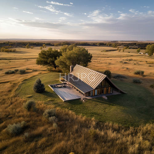 prairie houses amidst slanted roofs and evening light in golden fields