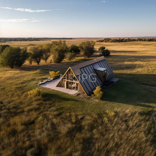 triangular wooden cabins stand in sunlit grassy field at sunset with scattered trees under clear blue sky