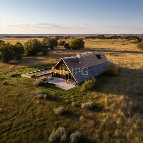 cabin nestled in golden grasslands amidst scattered trees and expansive fields at sunset
