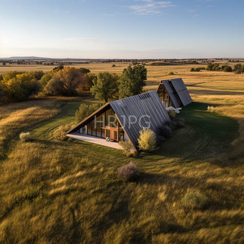 angular wooden houses situated amidst expansive grassy fields under clear blue horizon light