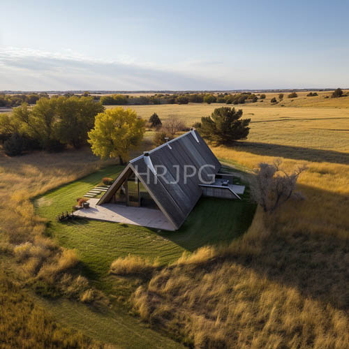 modern wooden cabins sit amidst sunlit grassy field and open plains at sunset