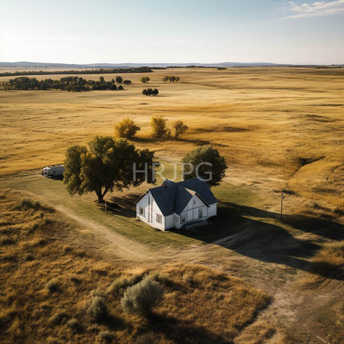 farmhouse aesthetic in golden grass plains with dark roofed silhouette