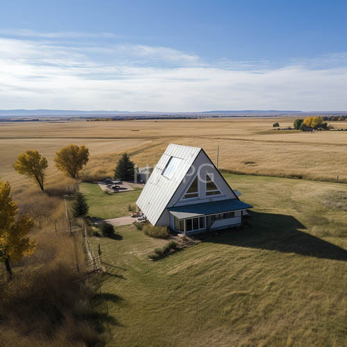 High Resolution: Expansive golden prairie fields surround isolated triangularroofed houses with white and blue siding download. | HRJPG.com
