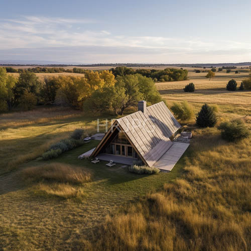 modern wooden houses with slanted metal roofs sit in grassy field surrounded by scattered trees at sunset