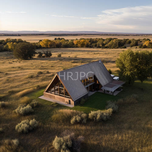 modern aframe cabin amidst autumnal landscape with scattered bushes and trees