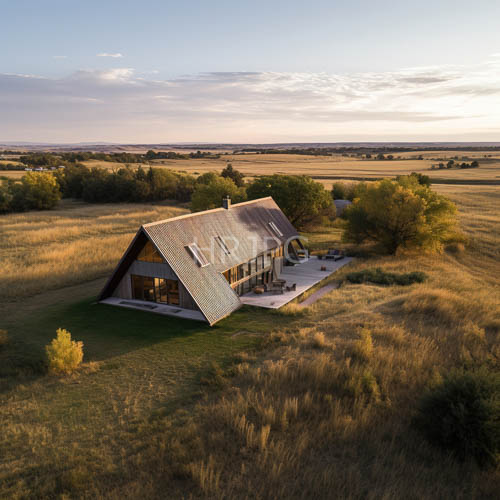 aframe wooden houses sit atop slanted metal roofs in grassy fields under open clear skies with cloud streaks