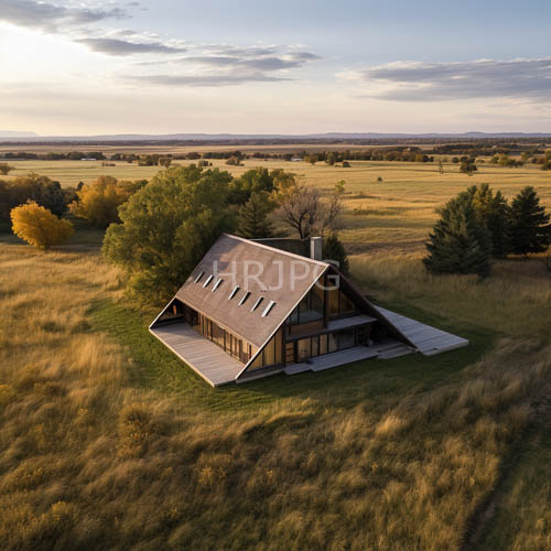 modern wooden houses sit amidst grassland at sunset with slanted roofs and autumnal colors