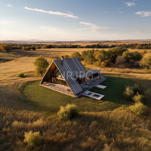 High Resolution: Steeply roofed modern wooden houses sit in lush green grassland under clear blue sky at sunset download. | HRJPG.com