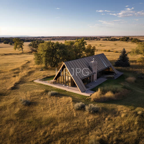 cabin silhouettes geometrically against sandy horizon amidst rugged cliffside debris
