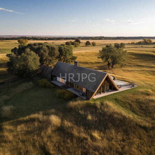 metalclad roof defines striking aframe nestled in prairie grassland amidst fading light